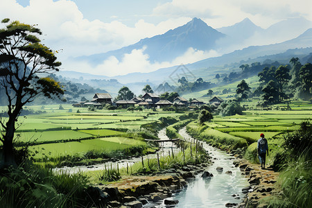 水稻田中的农民在雨中耕作图片