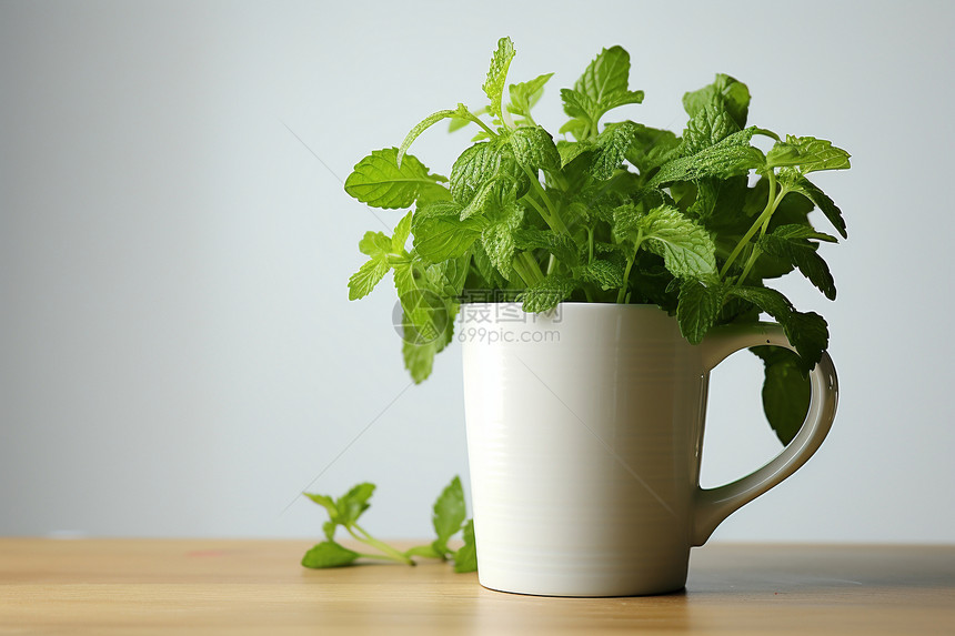 白茶杯和新鲜草本植物图片