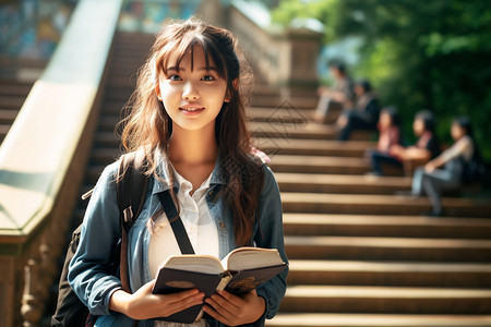 学校女生微笑地站在楼梯旁读书背景