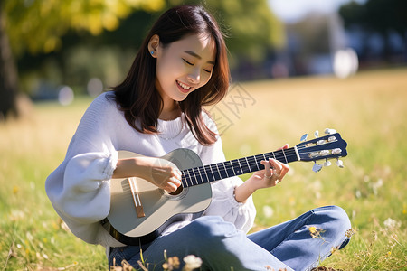 吉他少女草坪上弹吉他的少女背景