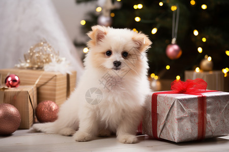 圣诞树旁的小白狗和礼物盒背景图片