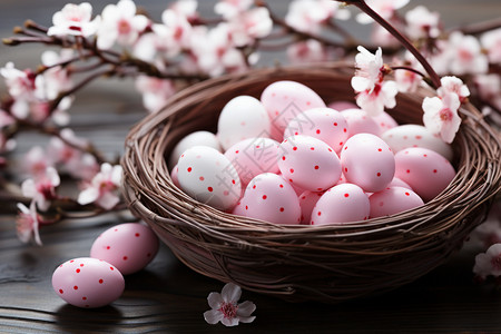 粉白彩蛋装满的篮子图片