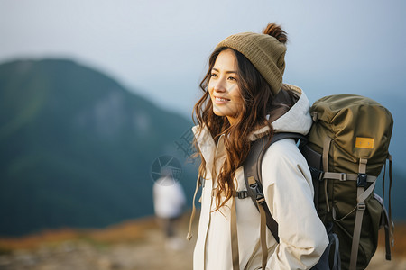 女徒步女游客徒步旅行背景