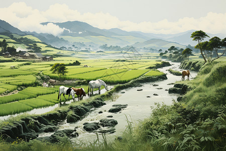原野劳作的耕牛背景图片