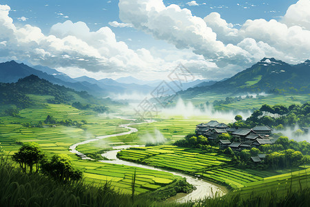 青山绿水村落倚河背景图片