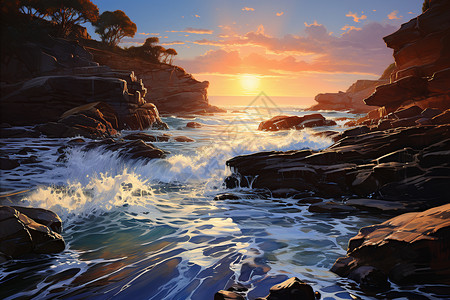 海滩岩石日落岩石和小溪的美丽风景插画