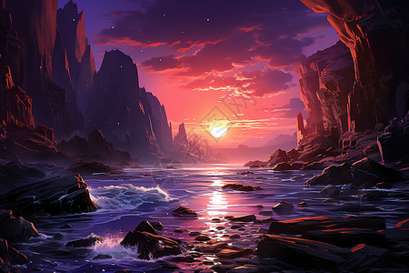 海滩岩石日落日落下的绝妙景色插画