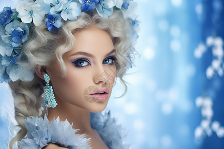 带花环的美女带着蓝色头饰的女士背景