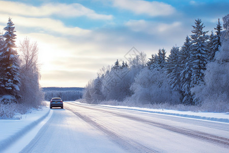 雪地汽车行驶在冬季森林的汽车背景