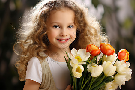 手拿鲜花的外国小女孩背景图片