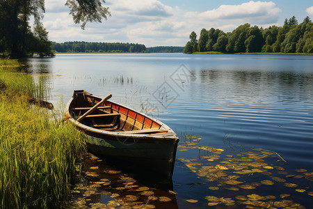 湖泊中孤独的船只图片