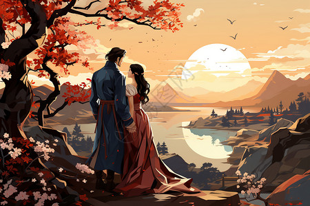 湖畔相依的中式夫妻背景图片