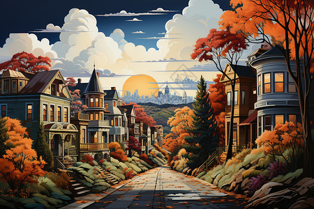 迷人的秋日城市插图背景图片