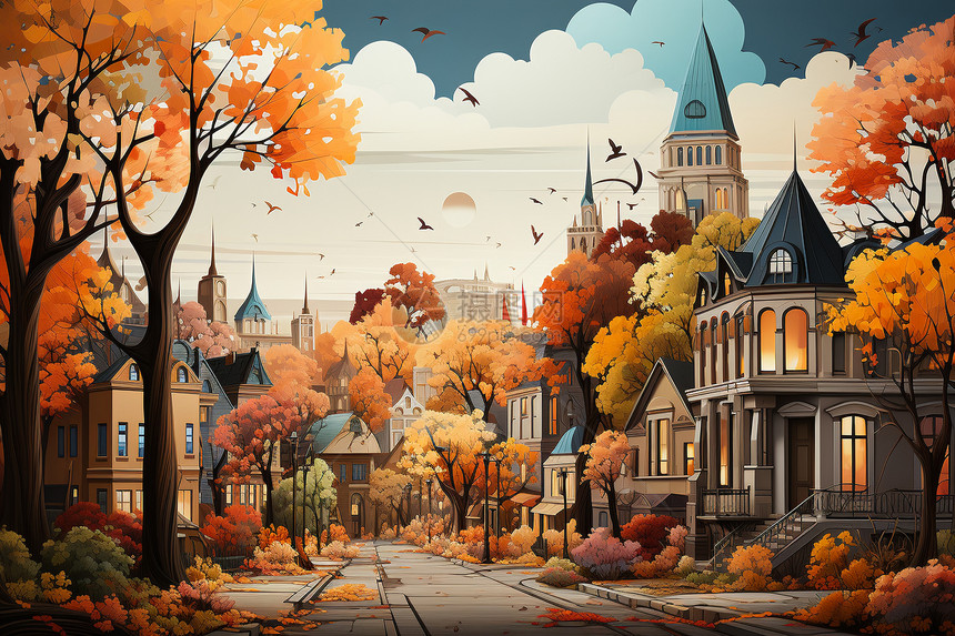 抽象美感的秋日城市插图图片