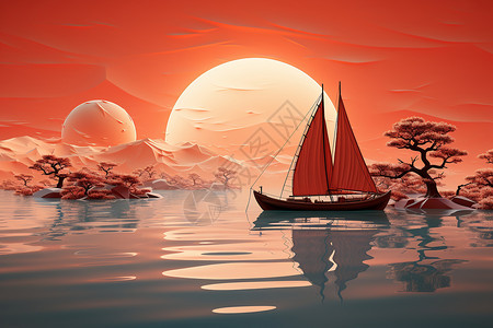艺术美感的湖泊船只插图背景图片
