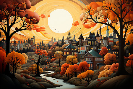 古朴的秋日小镇插图图片