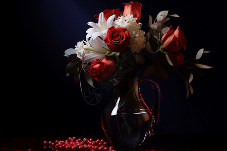 黑色大瓣花朵花瓶中盛开的美丽花朵背景