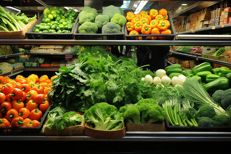 多样品种生鲜超市的蔬菜货架背景