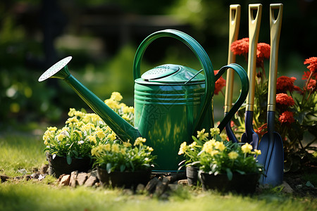 夏日花园的园艺工具背景图片