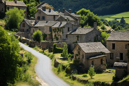 壮观美丽的山间村庄景观背景图片