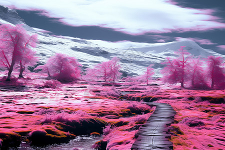 草地雪山梦幻般的粉色雪山景观设计图片