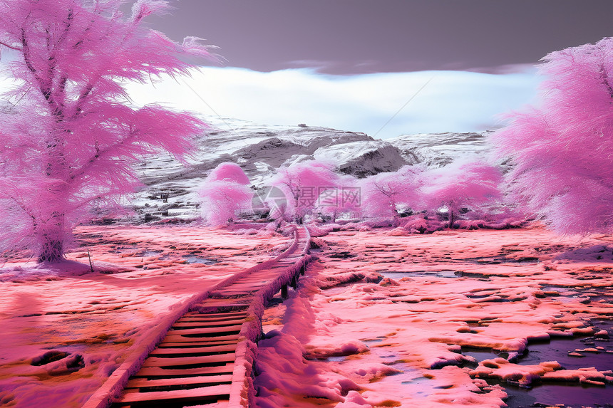 若隐若现的粉色雪山景观图片