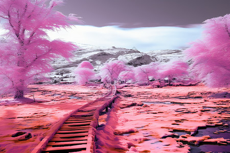 若隐若现的粉色雪山景观图片