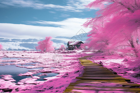 粉色树林冬日阳光中的幻境设计图片