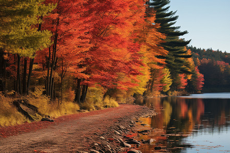 秋季浪漫的湖畔树林景观背景图片