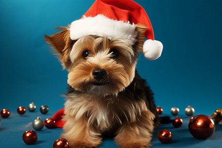 带圣诞帽的可爱约克夏犬背景图片