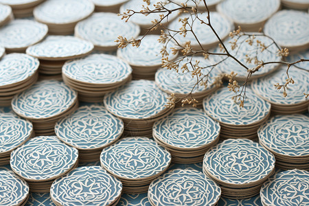 蓝白花纹的亚麻纺织品背景图片