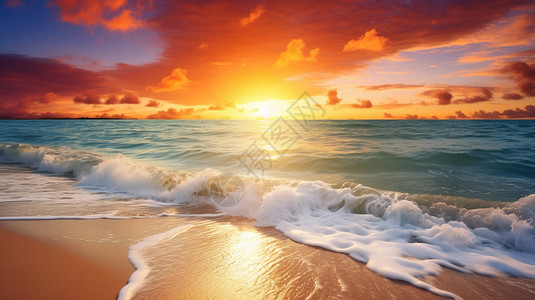 夕阳映照的海浪图片