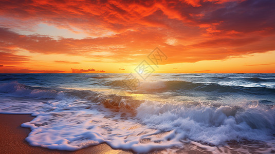 夕阳余晖下的海浪背景图片