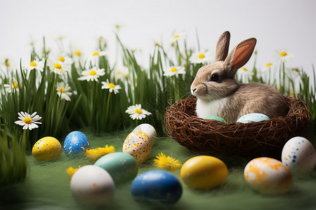 手绘复活节兔子创意花丛中的兔子背景