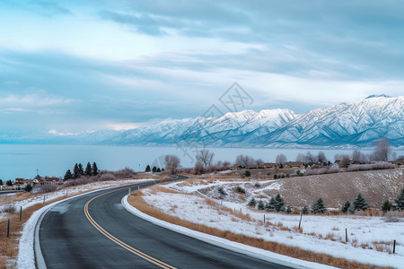 湖边公路雪后湖畔的公路背景