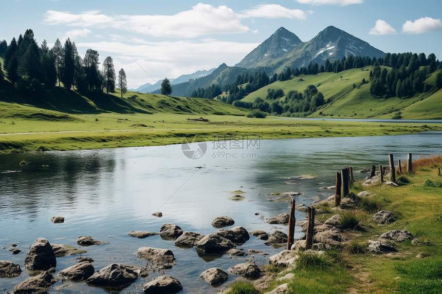 美丽的山谷湖泊景观图片