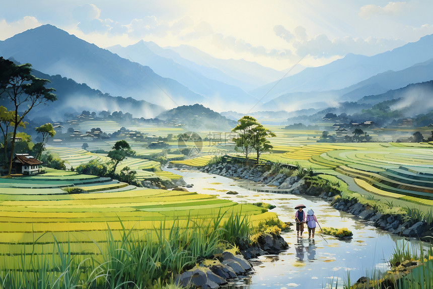 雾气弥漫的稻田景观图片