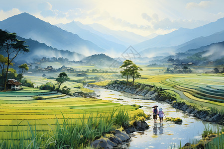 雾气弥漫的稻田景观图片