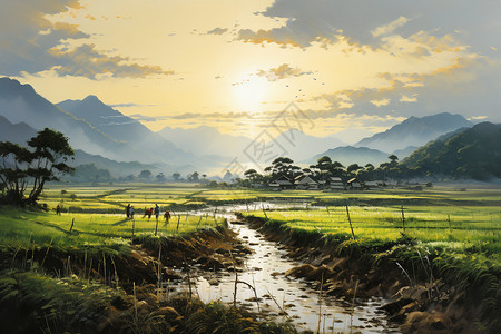 夏季阳光下的稻田图片