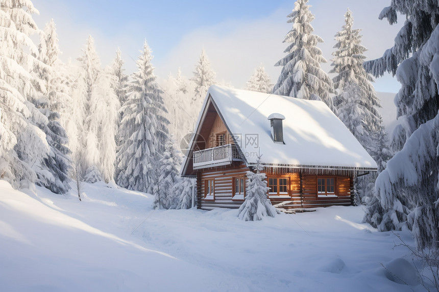 白雪覆盖的森林小木屋图片