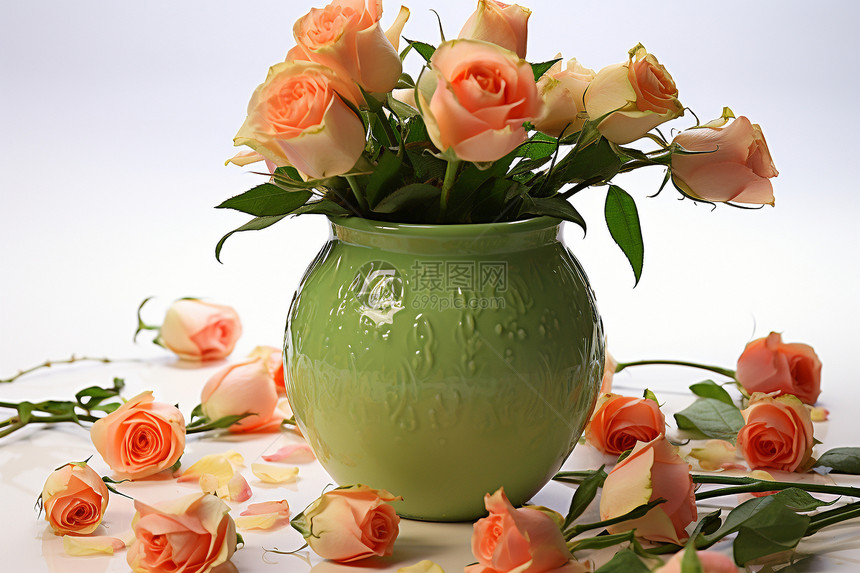 绿色花瓶中的甜美玫瑰图片
