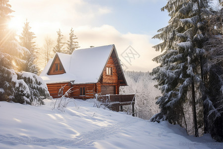 冬季白雪皑皑的森林小木屋图片