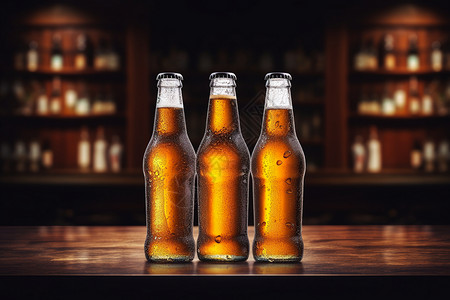 酒吧木桌上的冰凉啤酒背景图片