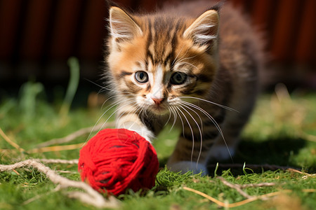玩耍毛球的宠物猫咪高清图片