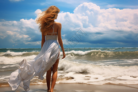 漫步海边的女子背景图片