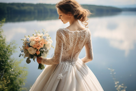 白色婚纱照新娘的背影背景