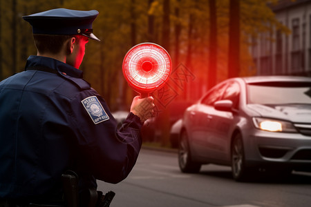 红色指引拿着红色灯具的警察背景