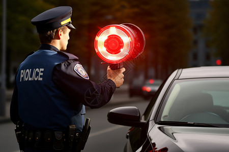 交警执勤拿着红色视灯的警察背景