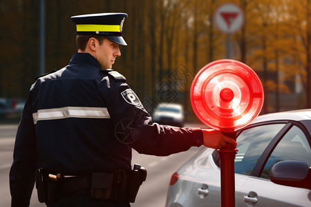 致敬交警拿着交通红灯的警察背景