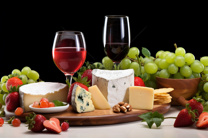 桌面上的奶酪和红酒图片